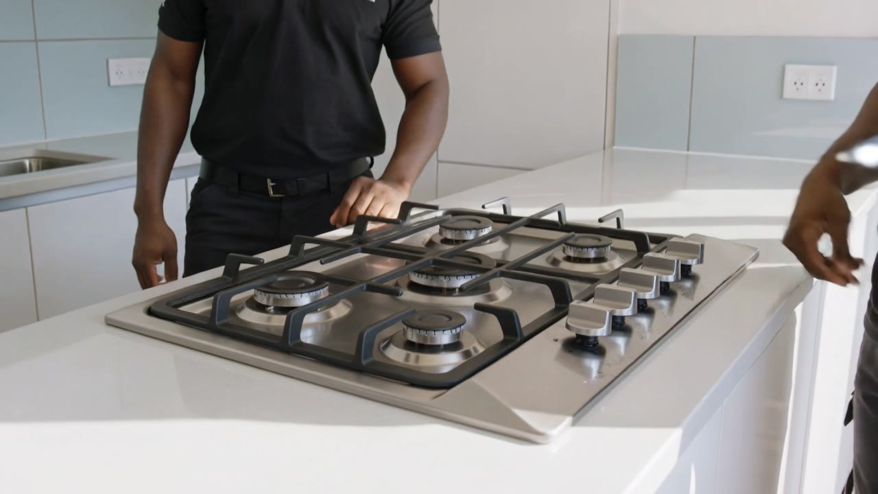 Gas Installers Johannesburg - two registered gas installers fitting an LPG gas hob into a kitchen worktop